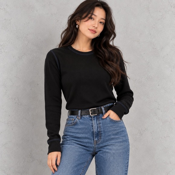 CO Tops - Polo Jeans Co. Ralph Lauren Waffle-Knit Womens Thermal Top Black Nylon Size L